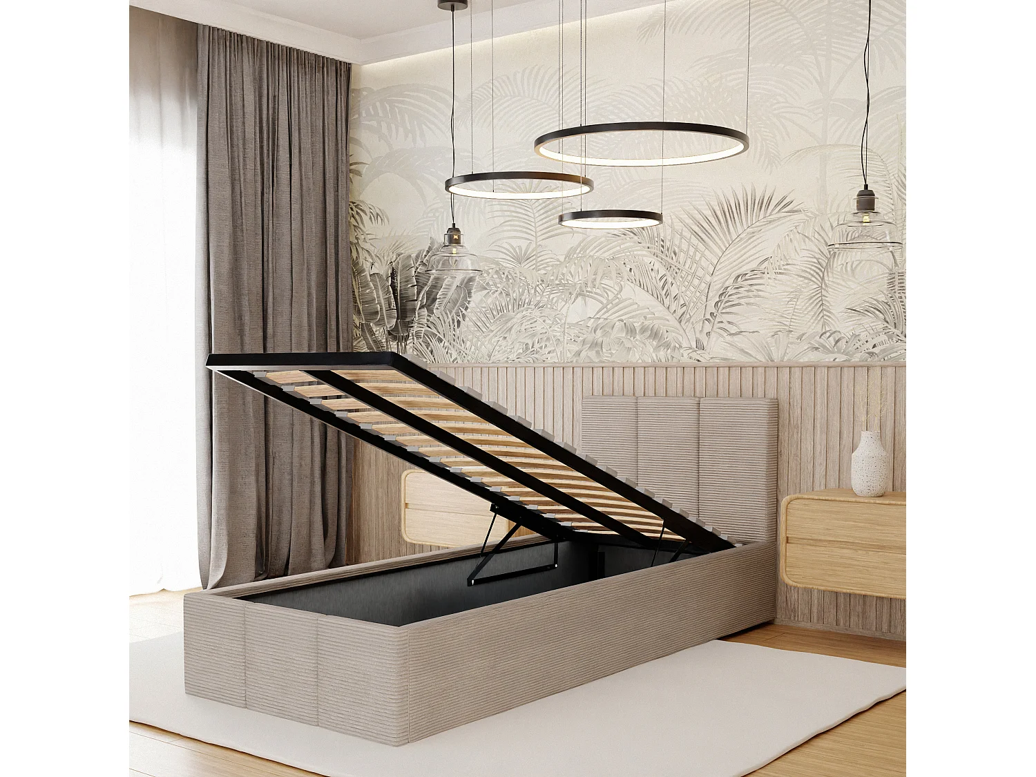 Łóżko Pojedyncze 90x200cm Łóżko Tapicerowane Z Pojemnikiem Beżowe - Tkanina Cord