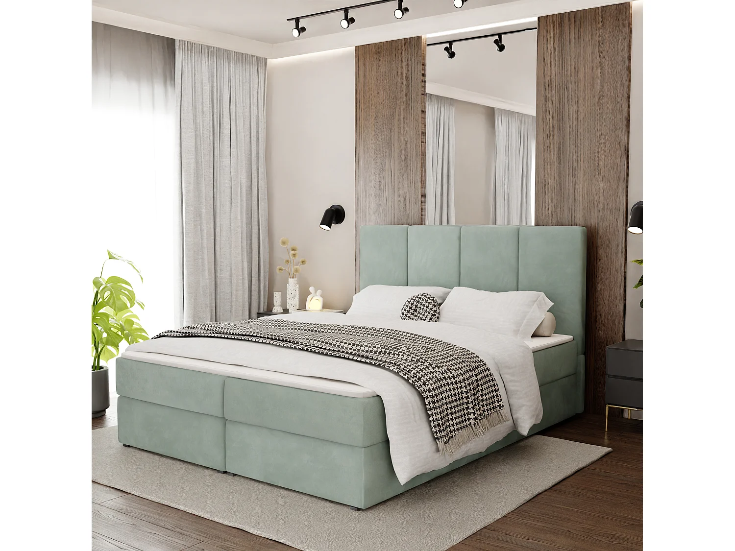 Bed Continentaal 140x 200 cm Gestoffeerd Dubbel Met Matras Munt Velours Magic Velvet