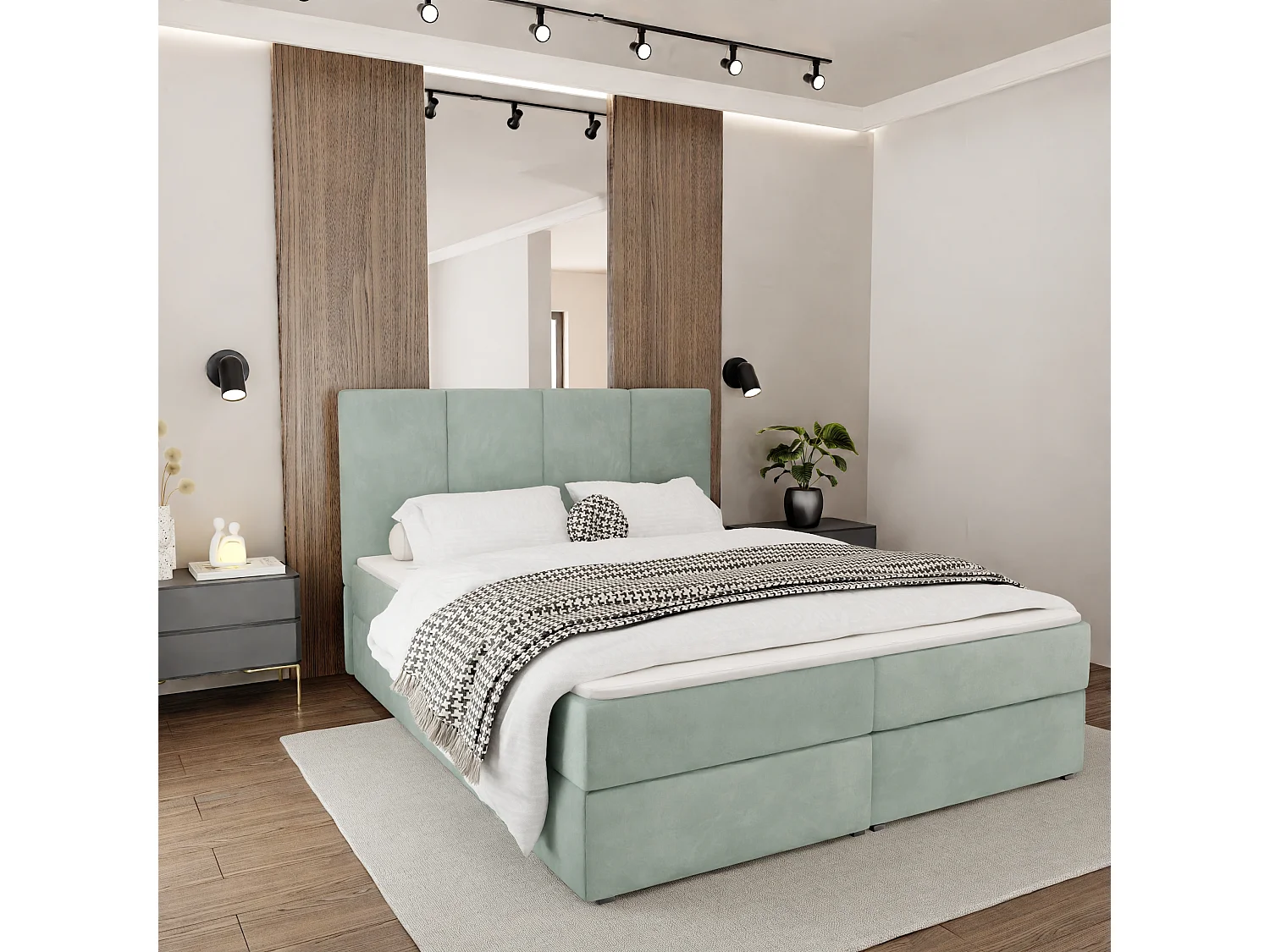 Bed Continentaal 140x 200 cm Gestoffeerd Dubbel Met Matras Munt Velours Magic Velvet