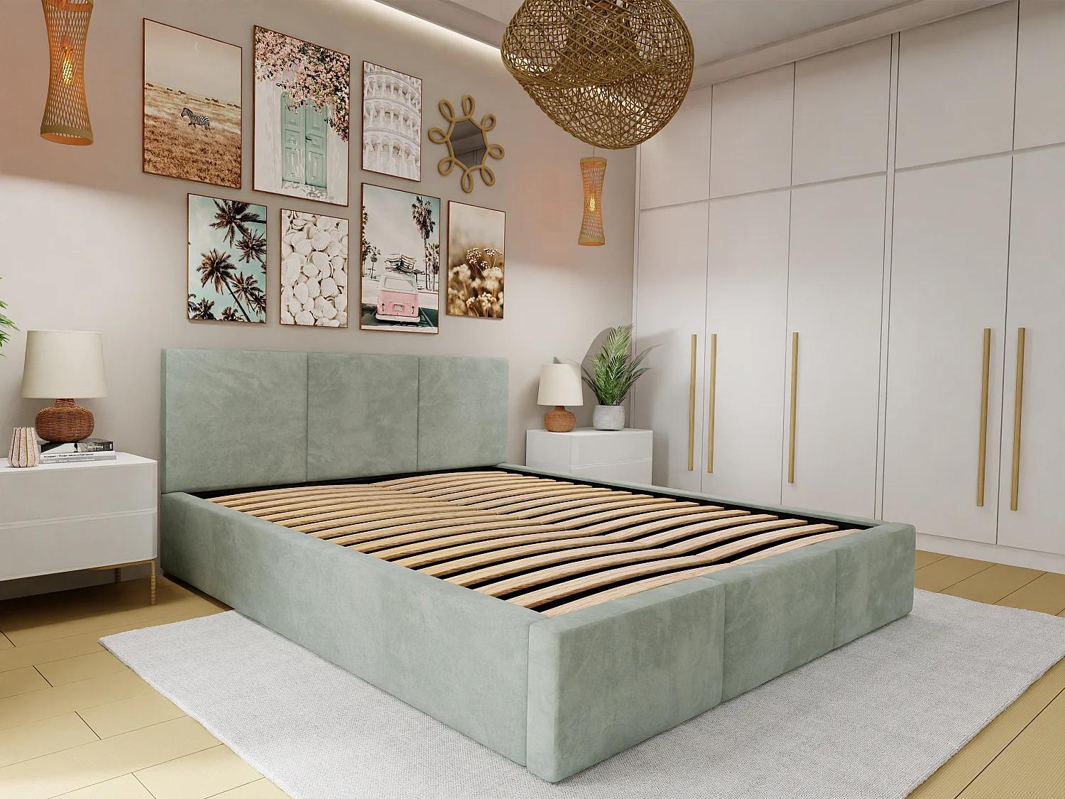 Bed Gestoffeerd Voor Slaapkamer 120cm x 200cm Met Opbergruimte Dubbel Mintgroen