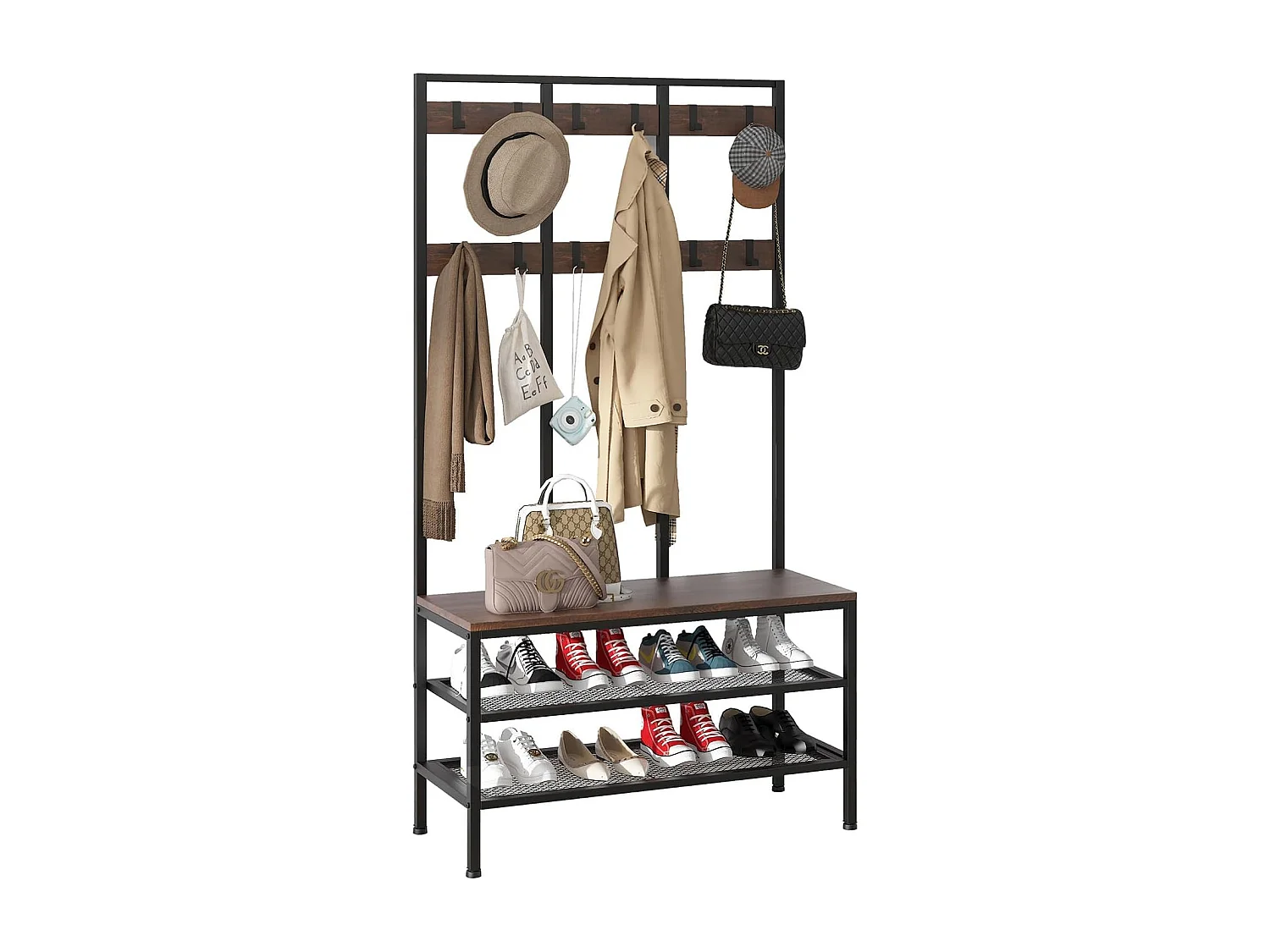 Dripex Grand porte-manteaux avec assise - 12 crochets amovibles et 100 x 40 x 182 cm - Marron vintage