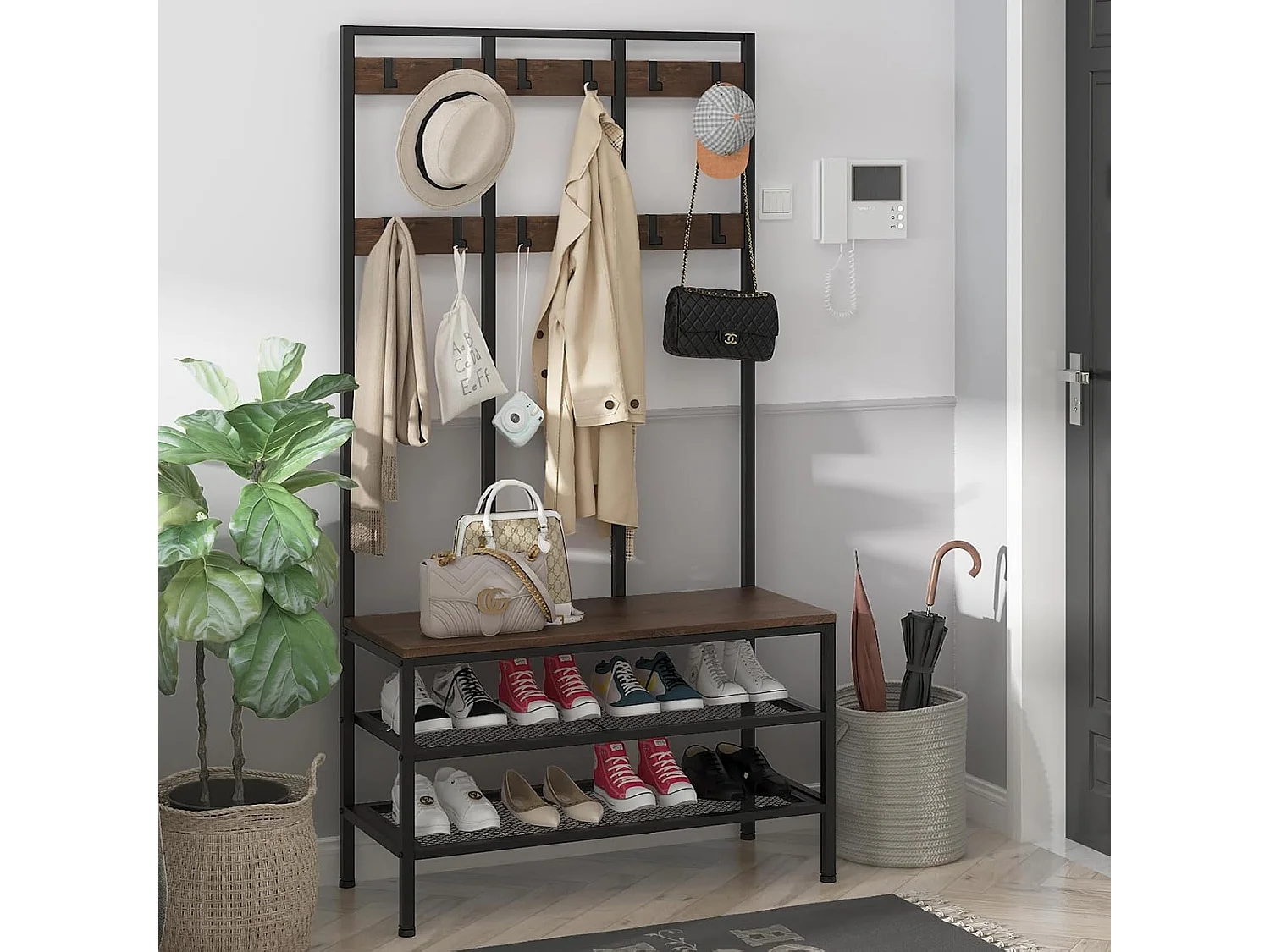 Dripex Grand porte-manteaux avec assise - 12 crochets amovibles et 100 x 40 x 182 cm - Marron vintage
