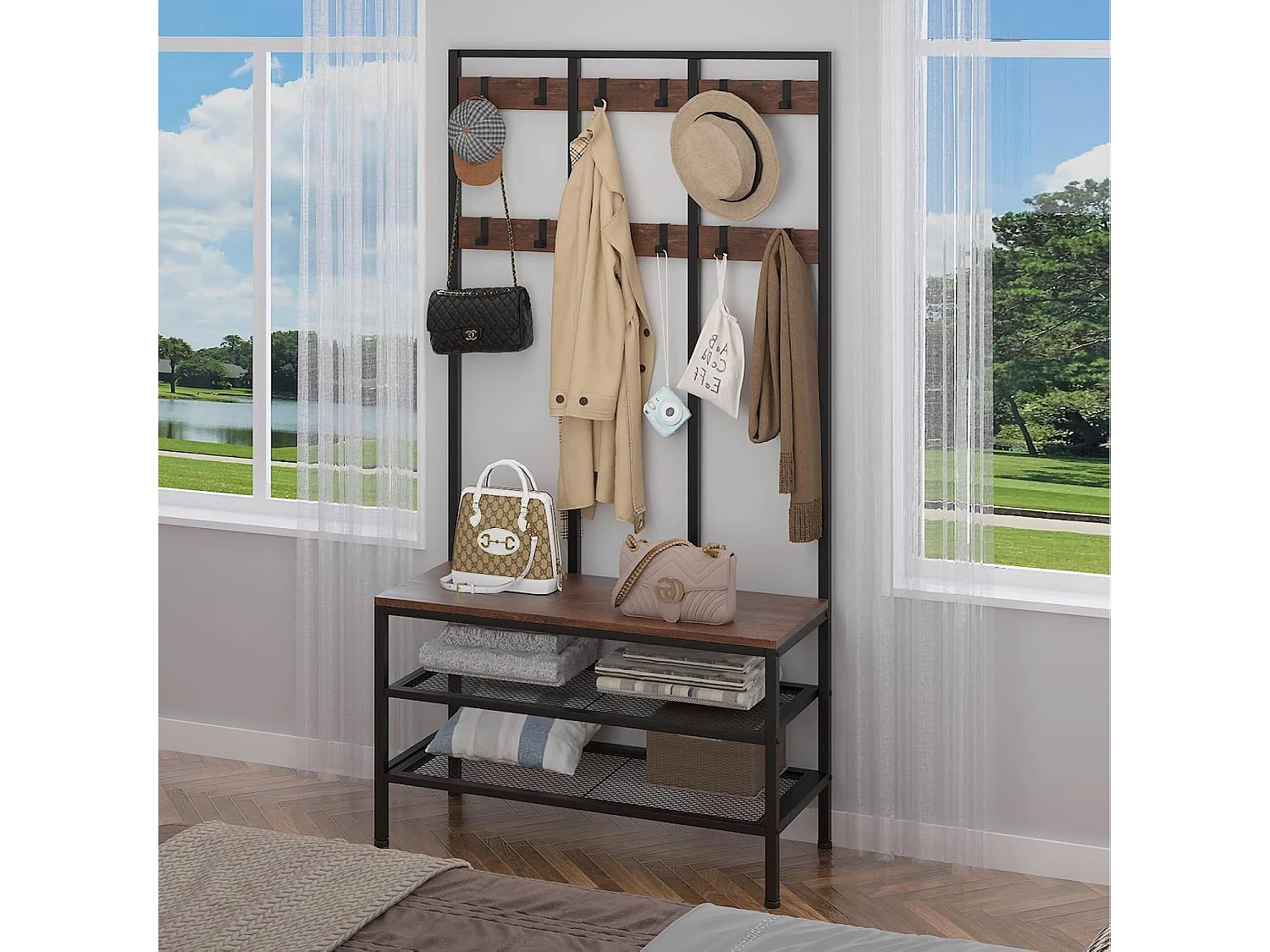 Dripex Grand porte-manteaux avec assise - 12 crochets amovibles et 100 x 40 x 182 cm - Marron vintage