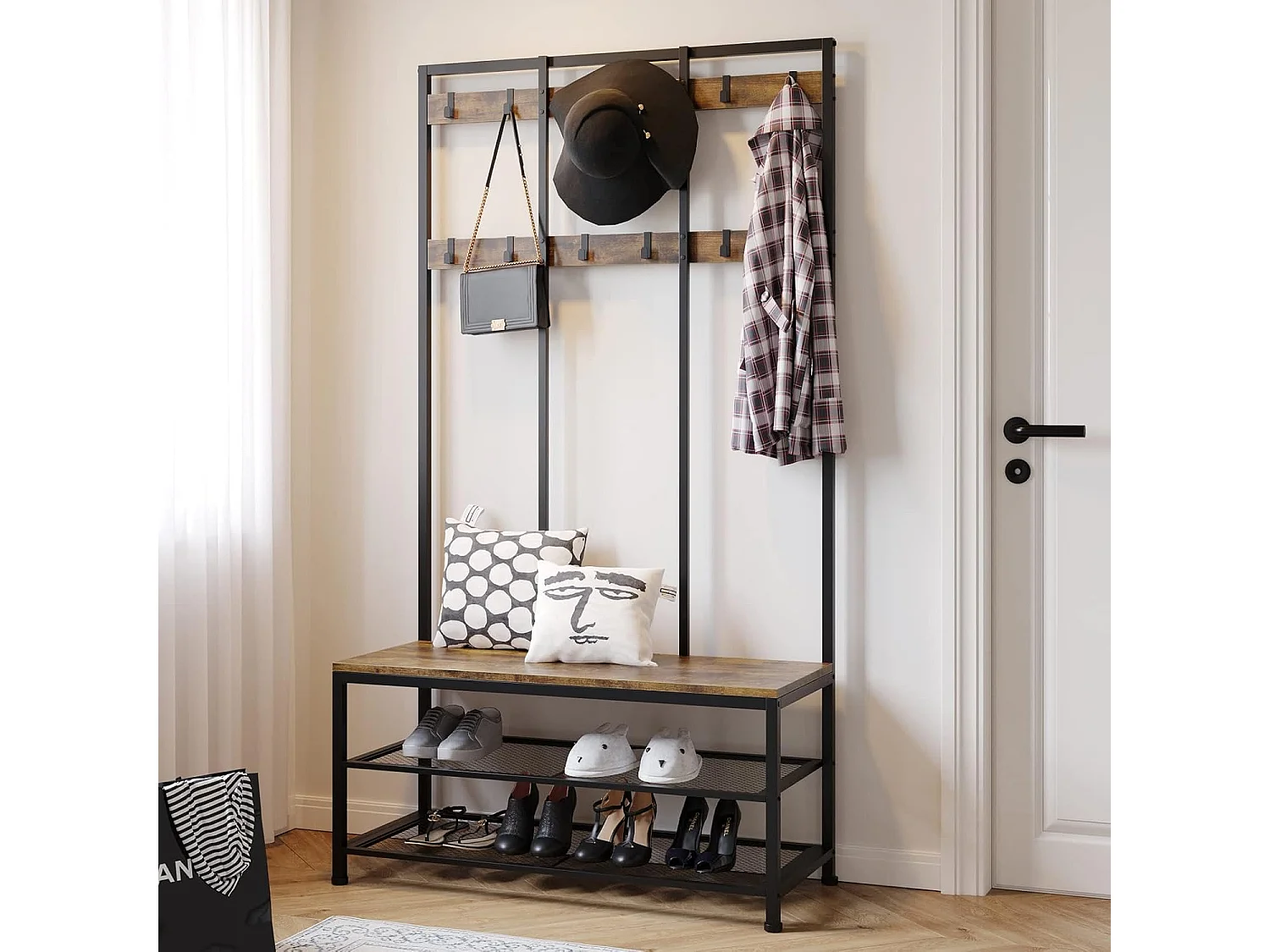 Dripex Grand porte-manteaux avec assise - 12 crochets amovibles et 100 x 40 x 182 cm - Marron vintage