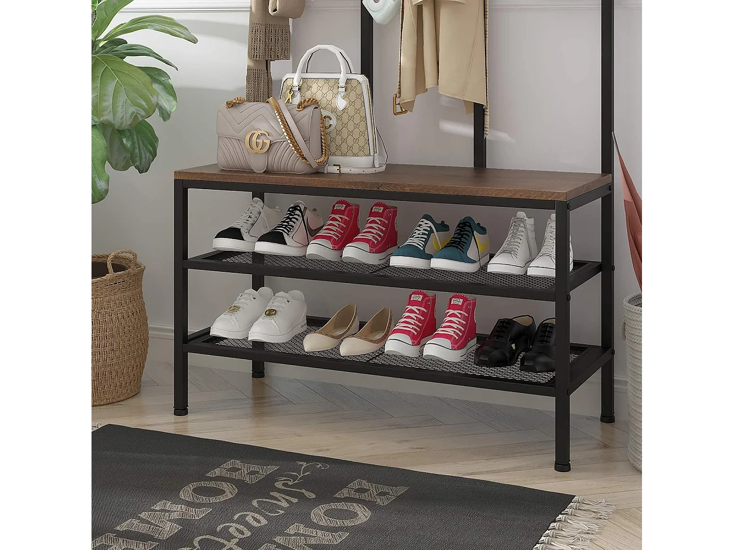 Dripex Grand porte-manteaux avec assise - 12 crochets amovibles et 100 x 40 x 182 cm - Marron vintage