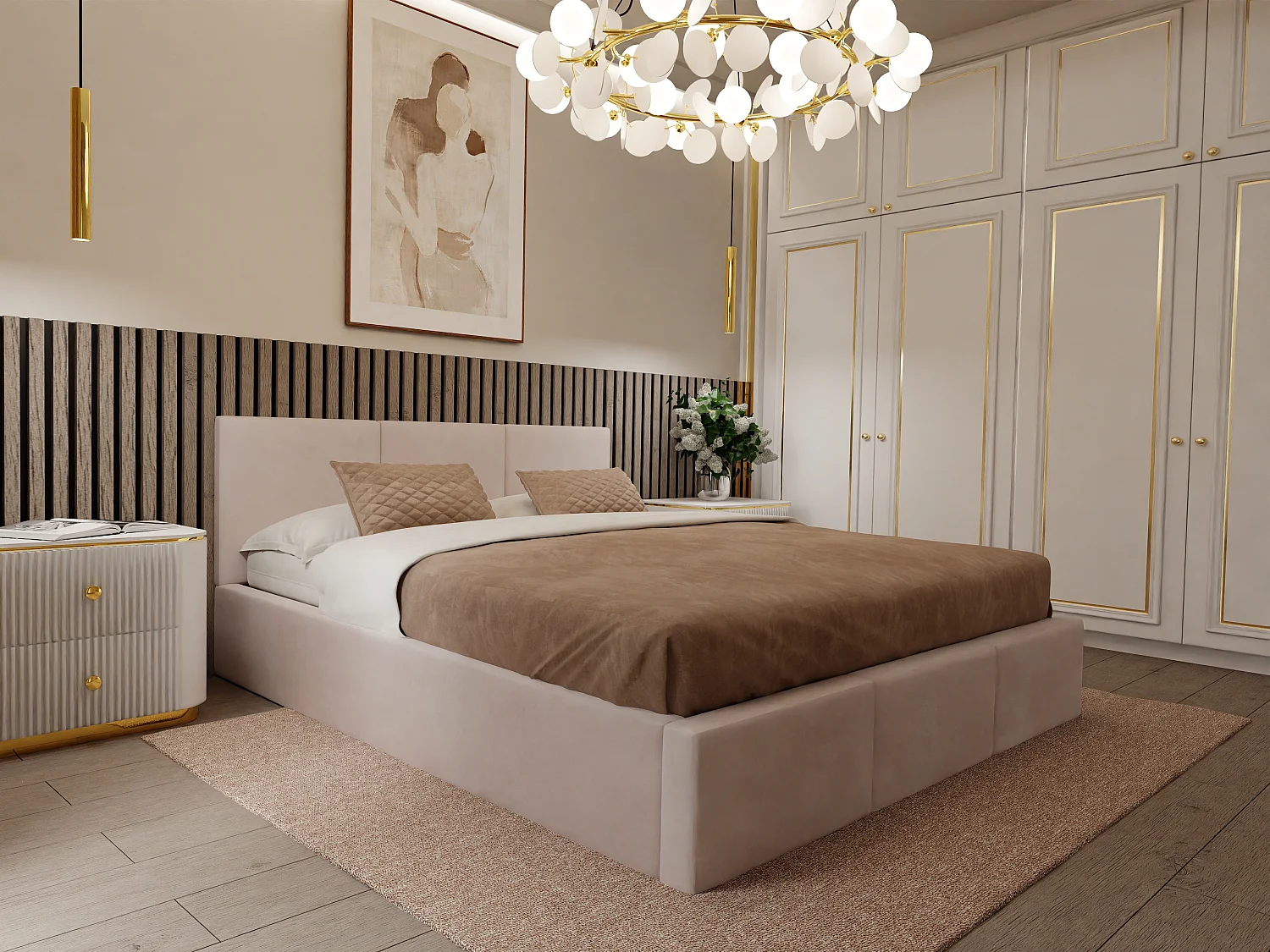 Muralo POLSTERBETT für Schlafzimmer Stoffbett Bett mit Container Doppelbett Polsterbett mit Bettkasten Creme 140cmx200cm