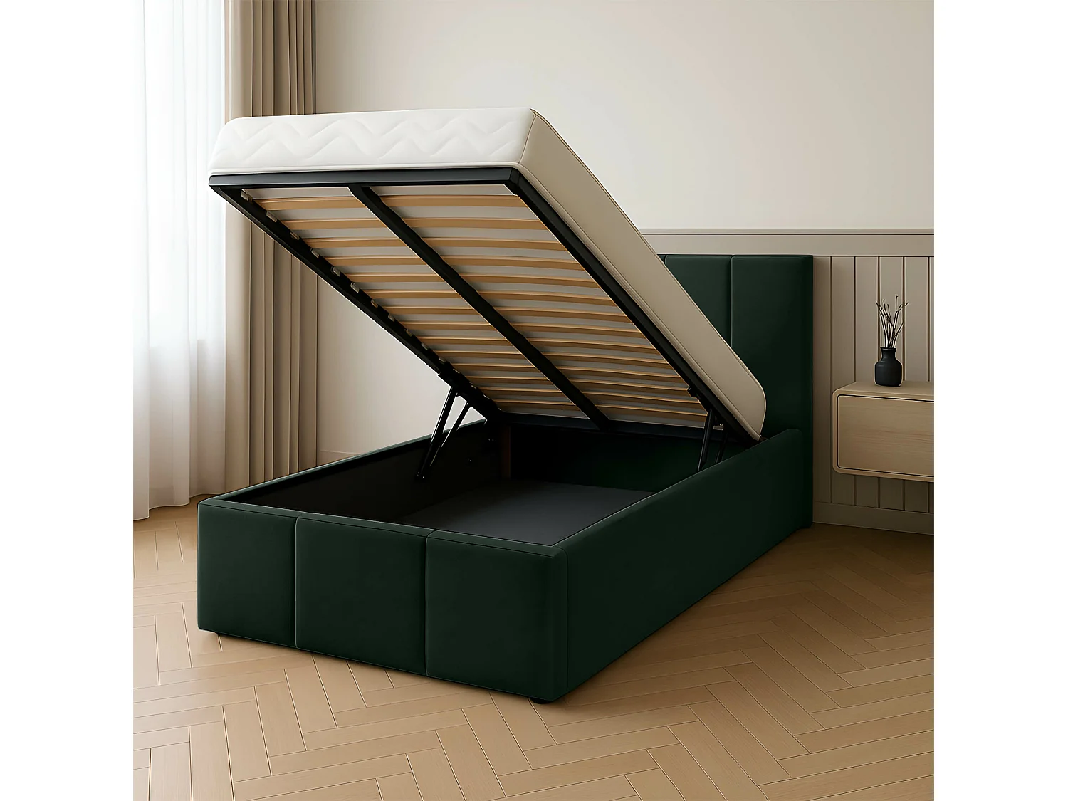 Bed Gestoffeerd 90cm x 200cm Enkel Met Opbergruimte Flessengroen