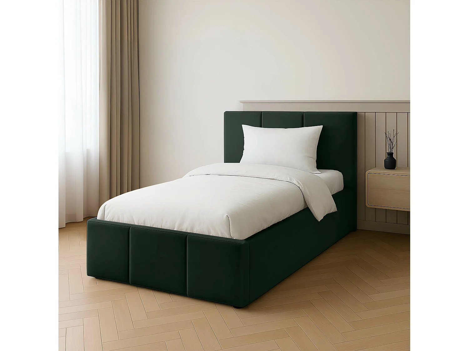Bed Gestoffeerd 90cm x 200cm Enkel Met Opbergruimte Flessengroen