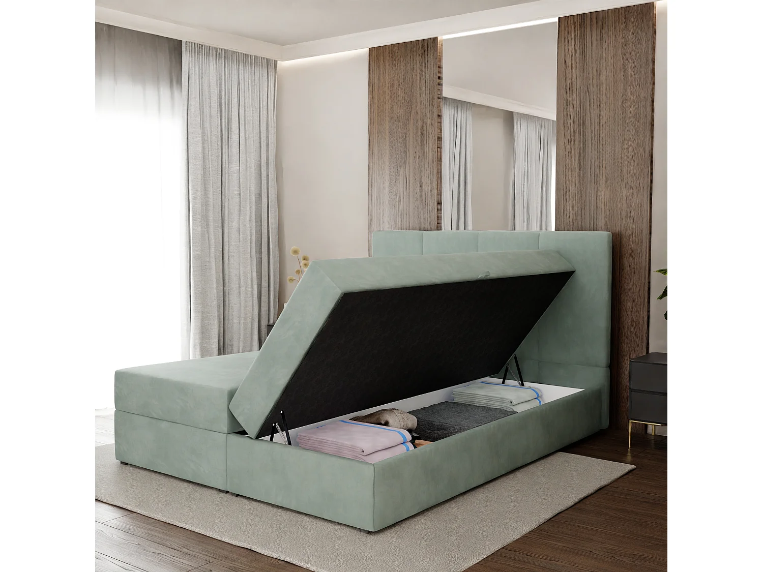 Bed Continentaal 180x200 cm Gestoffeerd Dubbel Met Matras Munt Velours Magic Velvet