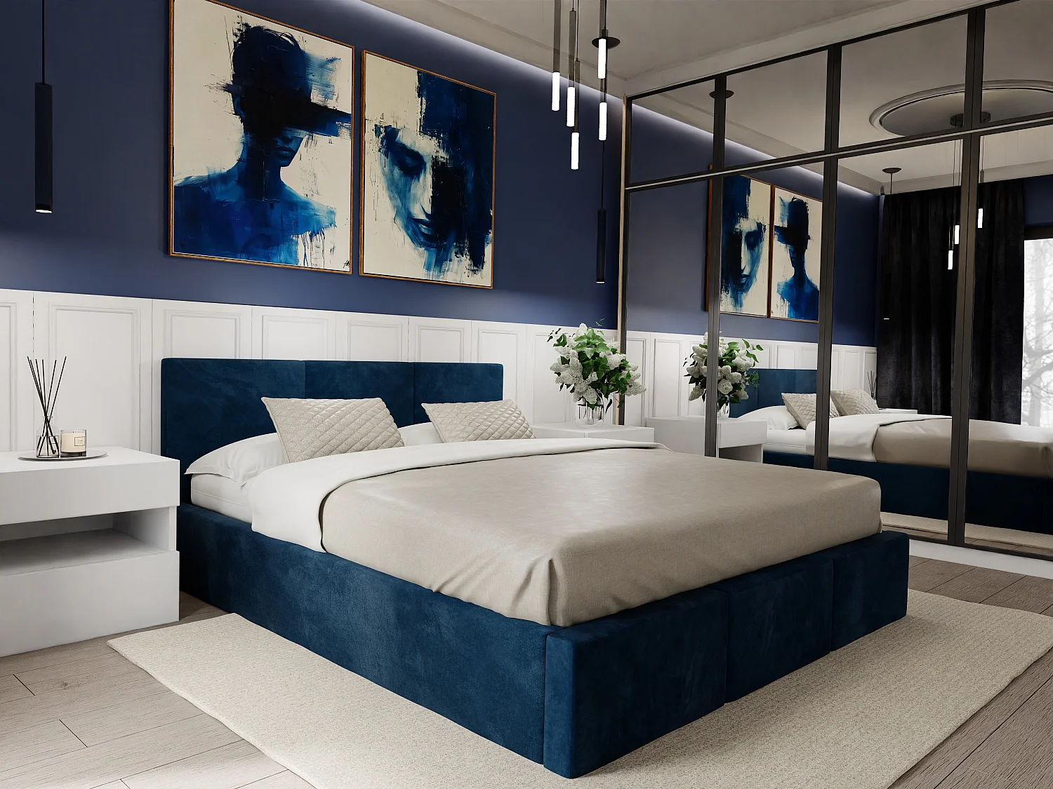 Bed Gestoffeerd Voor De Slaapkamer 160cm x 200cm Dubbel Met Opbergruimte In Donkerblauw