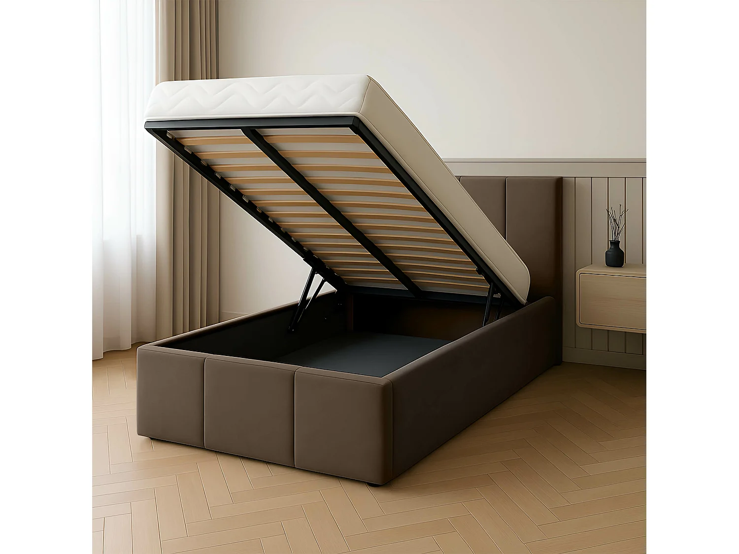 Bed Gestoffeerd 90cm x 200cm Enkel Met Opbergruimte Bruin