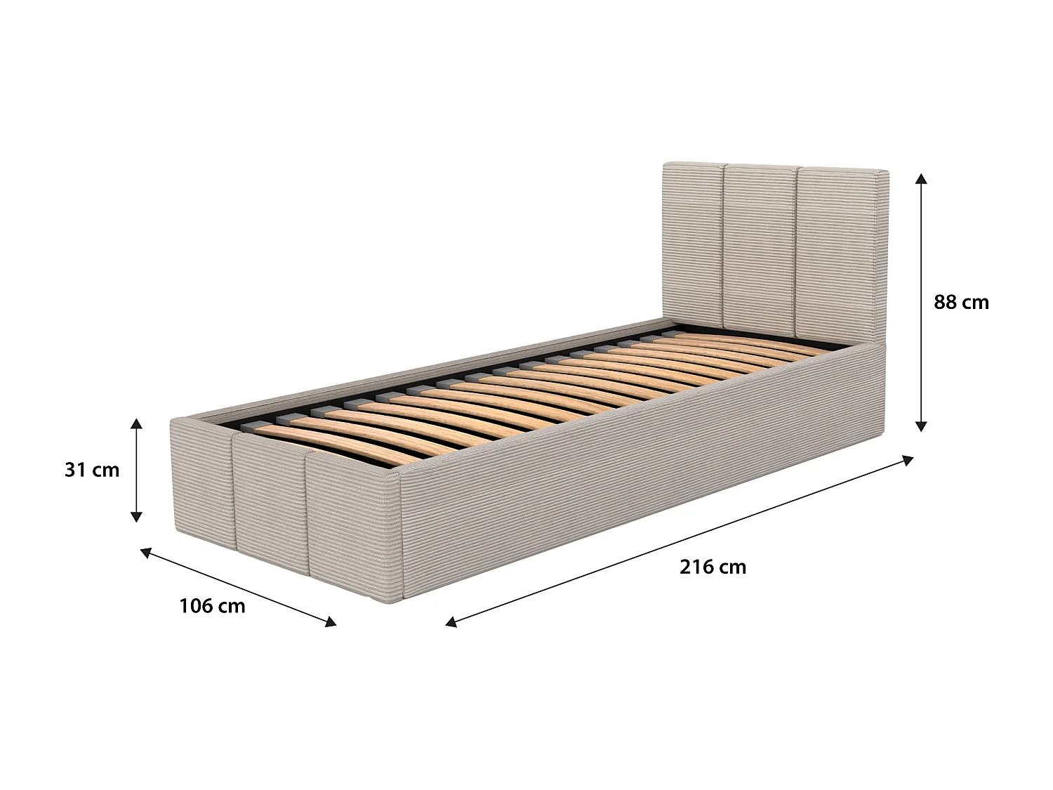 Muralo POLSTERBETT für Schlafzimmer Polsterbett mit Bettkasten und Gasdruckfeder Bett mit Polsterkopfteil Einzelbett 90x200 Beige CORD Stoff