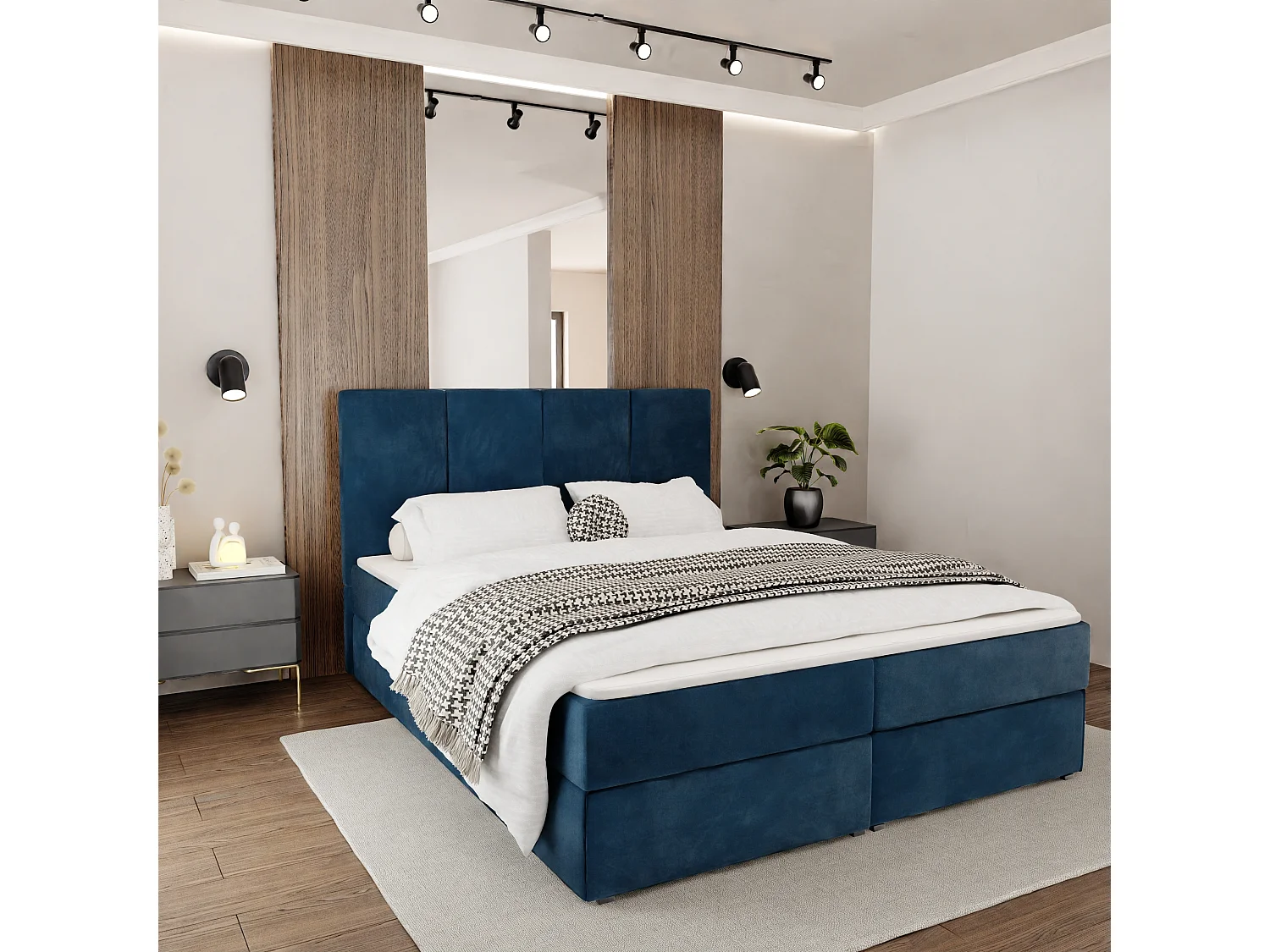 Bed Continentaal 160x200 cm Gestoffeerd Dubbel Met Matras Marineblauw Velours Magic Velvet