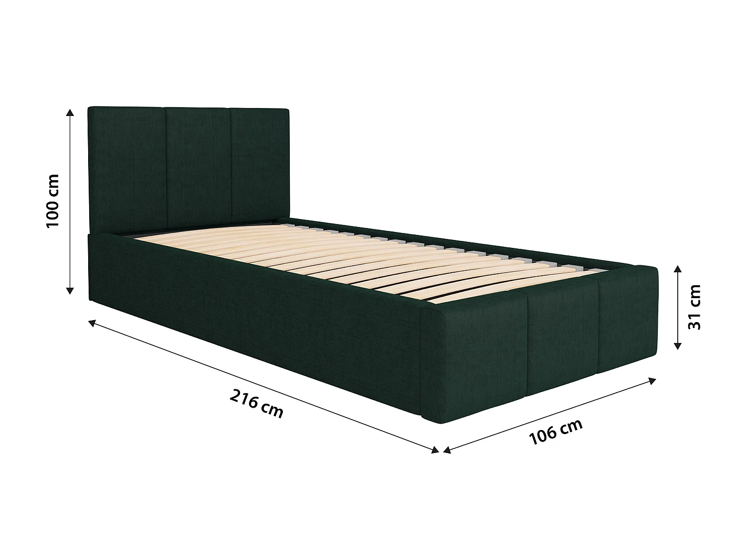 Bed Gestoffeerd 90cm x 200cm Enkel Met Opbergruimte Flessengroen