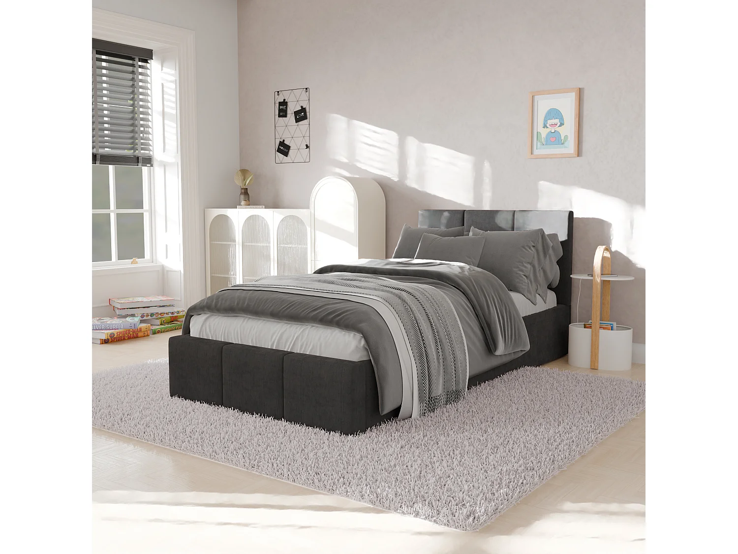 Muralo POLSTERBETT für Schlafzimmer Polsterbett mit Bettkasten und Gasdruckfeder Bett mit Polsterkopfteil Einzelbett 90x200 Bett mit Stauraum Grau