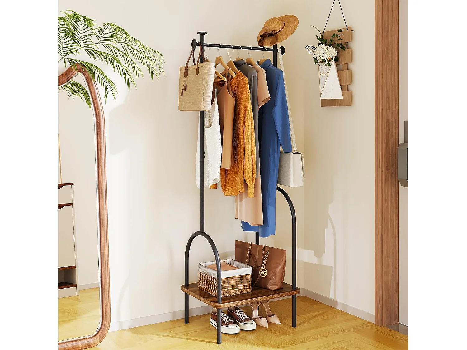 Dripex Porte-manteau en métal robuste avec étagère et crochets pour vêtements, chapeaux, sacs, entrée, couloir, 47,5 x 39 x 157,3 cm, marron vintage