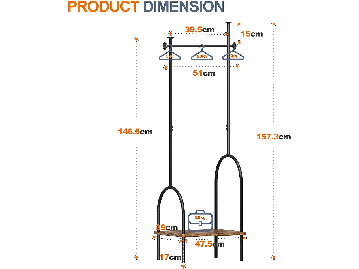 Dripex Porte-manteau en métal robuste avec étagère et crochets pour vêtements, chapeaux, sacs, entrée, couloir, 47,5 x 39 x 157,3 cm, marron vintage
