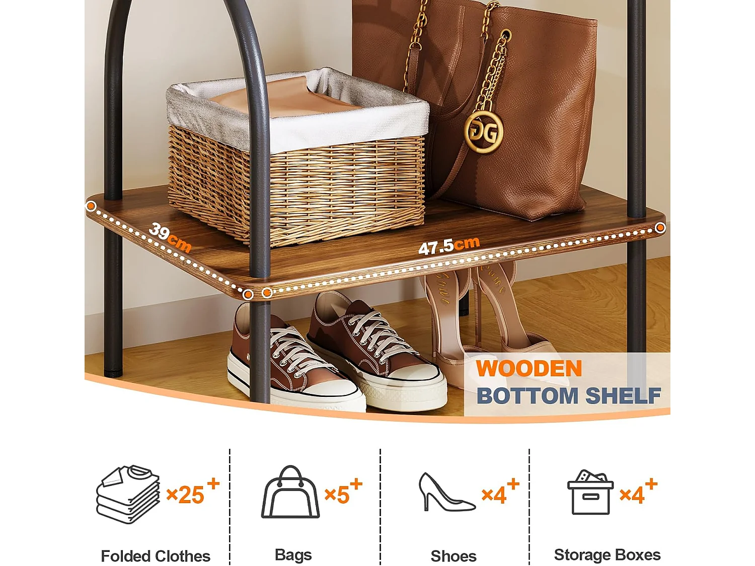 Dripex Porte-manteau en métal robuste avec étagère et crochets pour vêtements, chapeaux, sacs, entrée, couloir, 47,5 x 39 x 157,3 cm, marron vintage