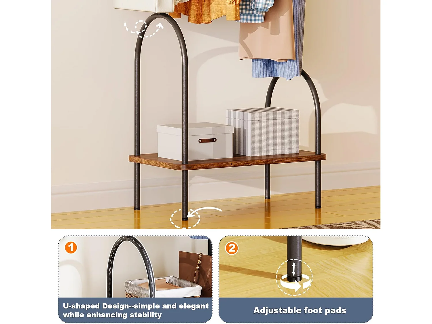 Dripex Porte-manteau en métal robuste avec étagère et crochets pour vêtements, chapeaux, sacs, entrée, couloir, 47,5 x 39 x 157,3 cm, marron vintage