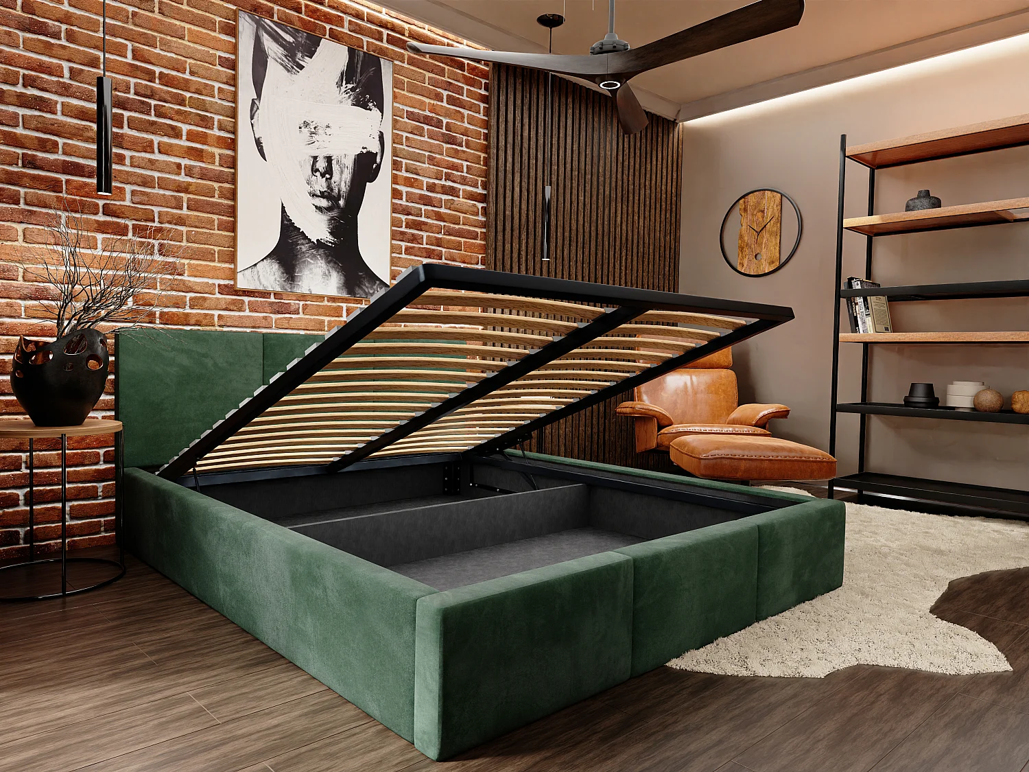 Bed Gestoffeerd Voor De Slaapkamer 140cm x 200cm Dubbel Met Opbergruimte In Flessengroen