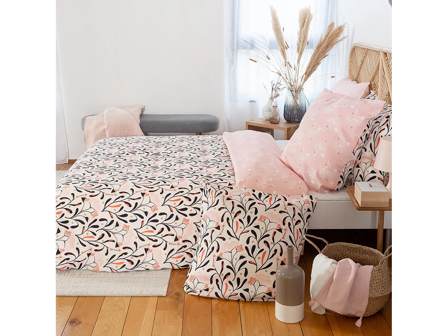 Parure de lit 240x220 cm Satin de coton JOY Rose 3 pièces