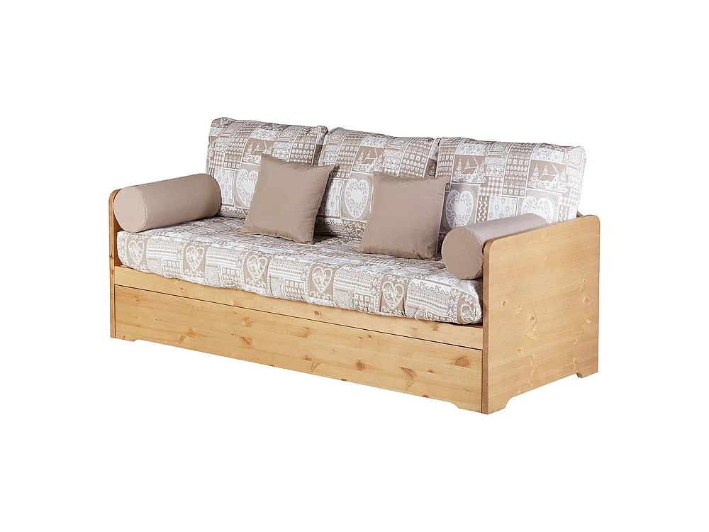Canapé gigogne 3 places en pin et tissu taupe 190 x 160 cm Trentino  - Avoriaz