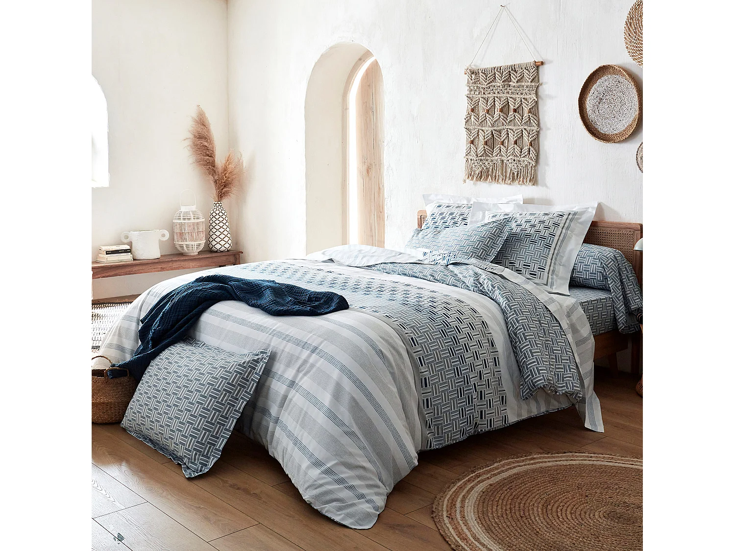 Drap housse imprimé 200x200 cm coton DIEGO bleu baltique Bonnet 40 cm