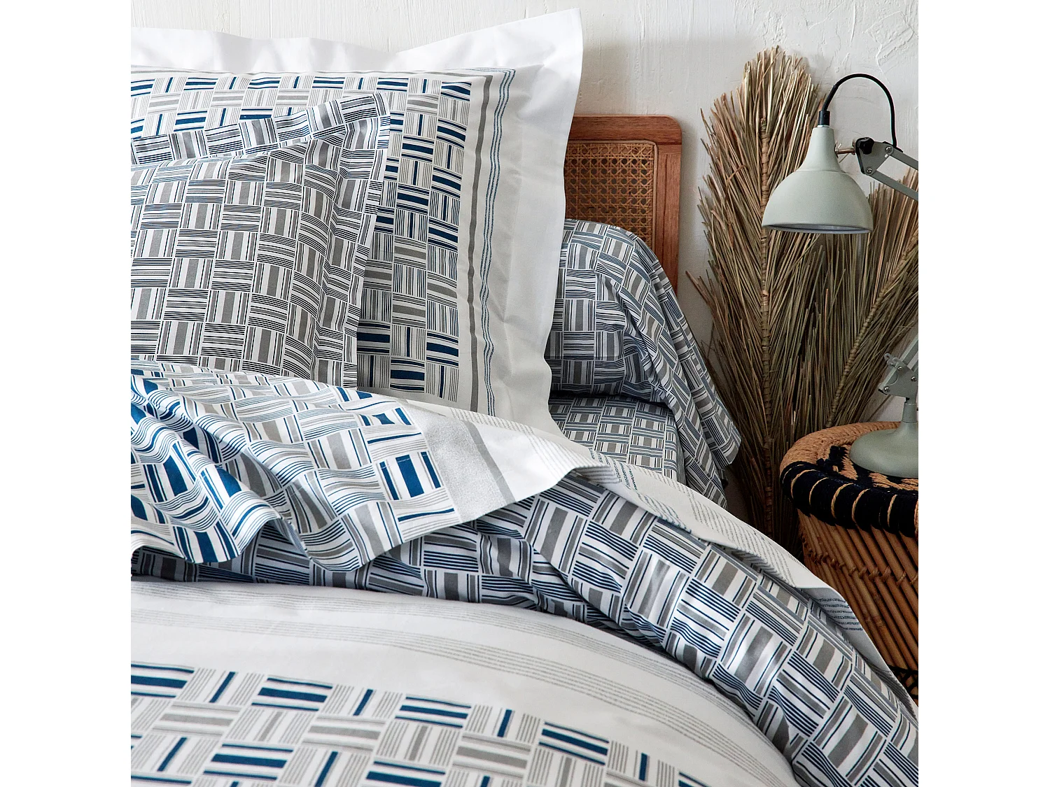 Drap housse imprimé 200x200 cm coton DIEGO bleu baltique Bonnet 40 cm