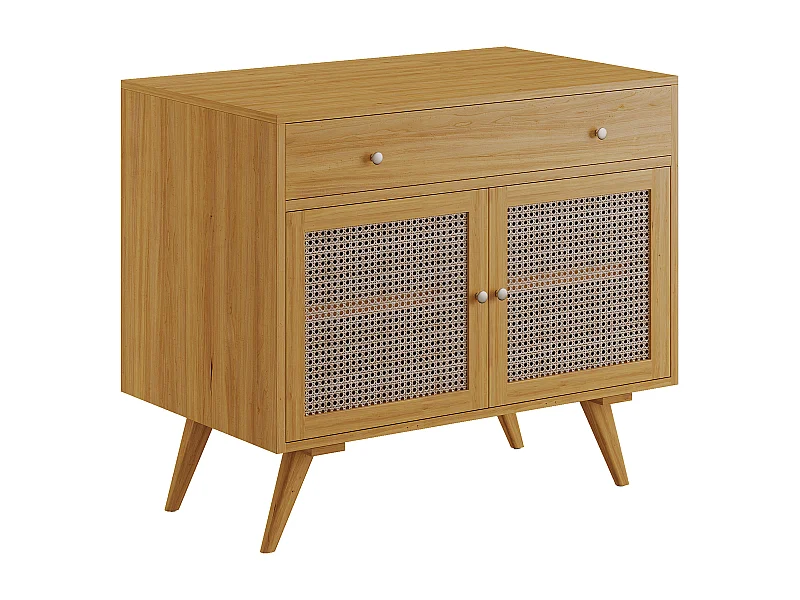 Meubel onder wastafel van licht teakhout en riet - 90 cm - MANSULAN