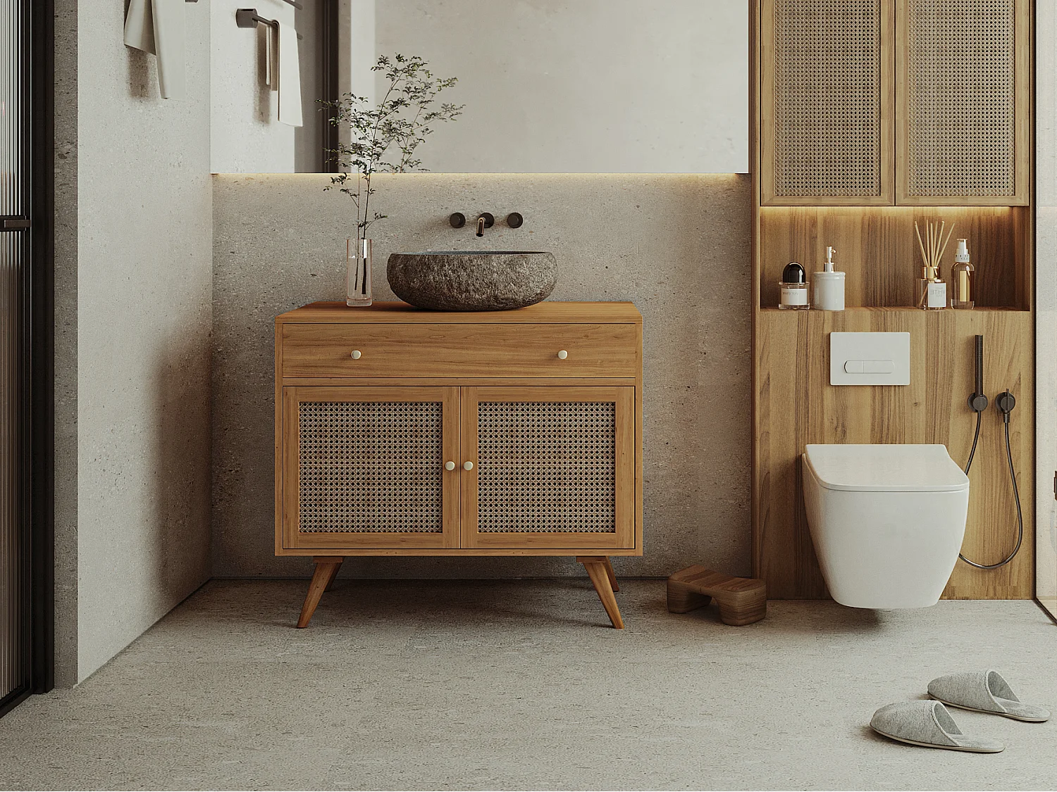 Mobile sotto lavabo 90 cm in Teak chiaro e Cannage - MANSULAN