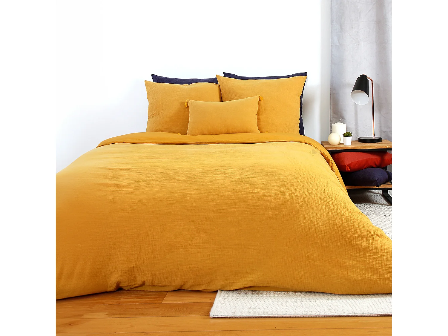 Parure de lit 260x240 cm double gaze de coton GAZGAZ jaune moutarde 3 pièces