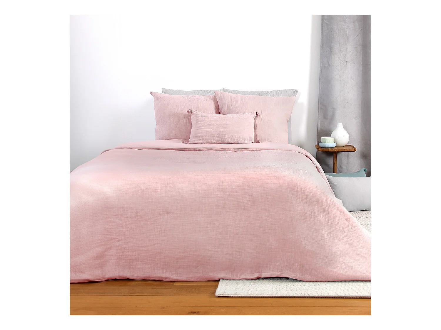 Parure de lit 240x220 cm double gaze de coton GAZGAZ rose 3 pièces