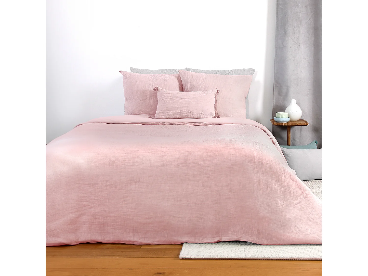 Parure de lit 240x220 cm double gaze de coton GAZGAZ rose 3 pièces
