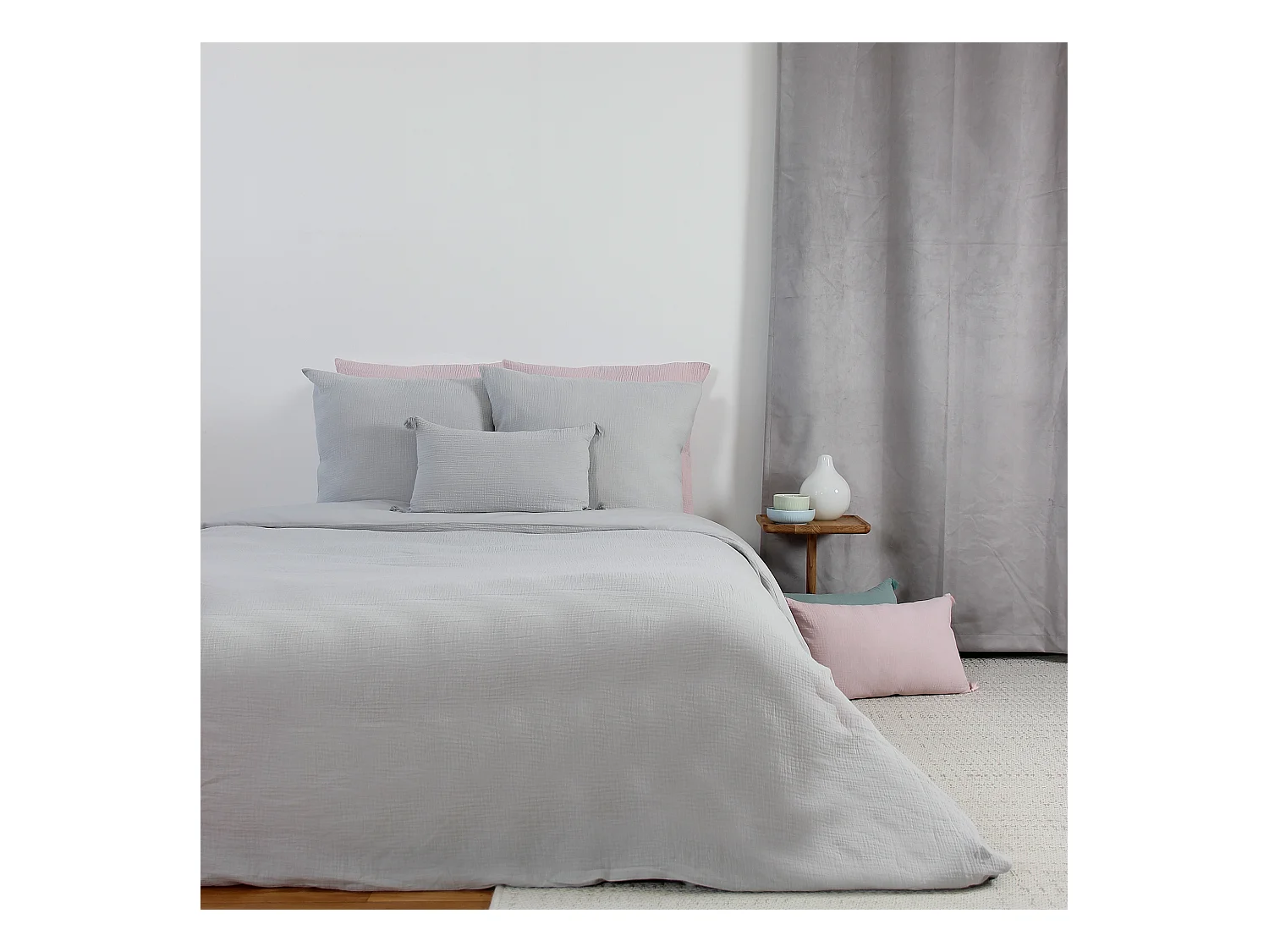 Parure de lit 140x200 cm double gaze de coton GAZGAZ gris 2 pièces