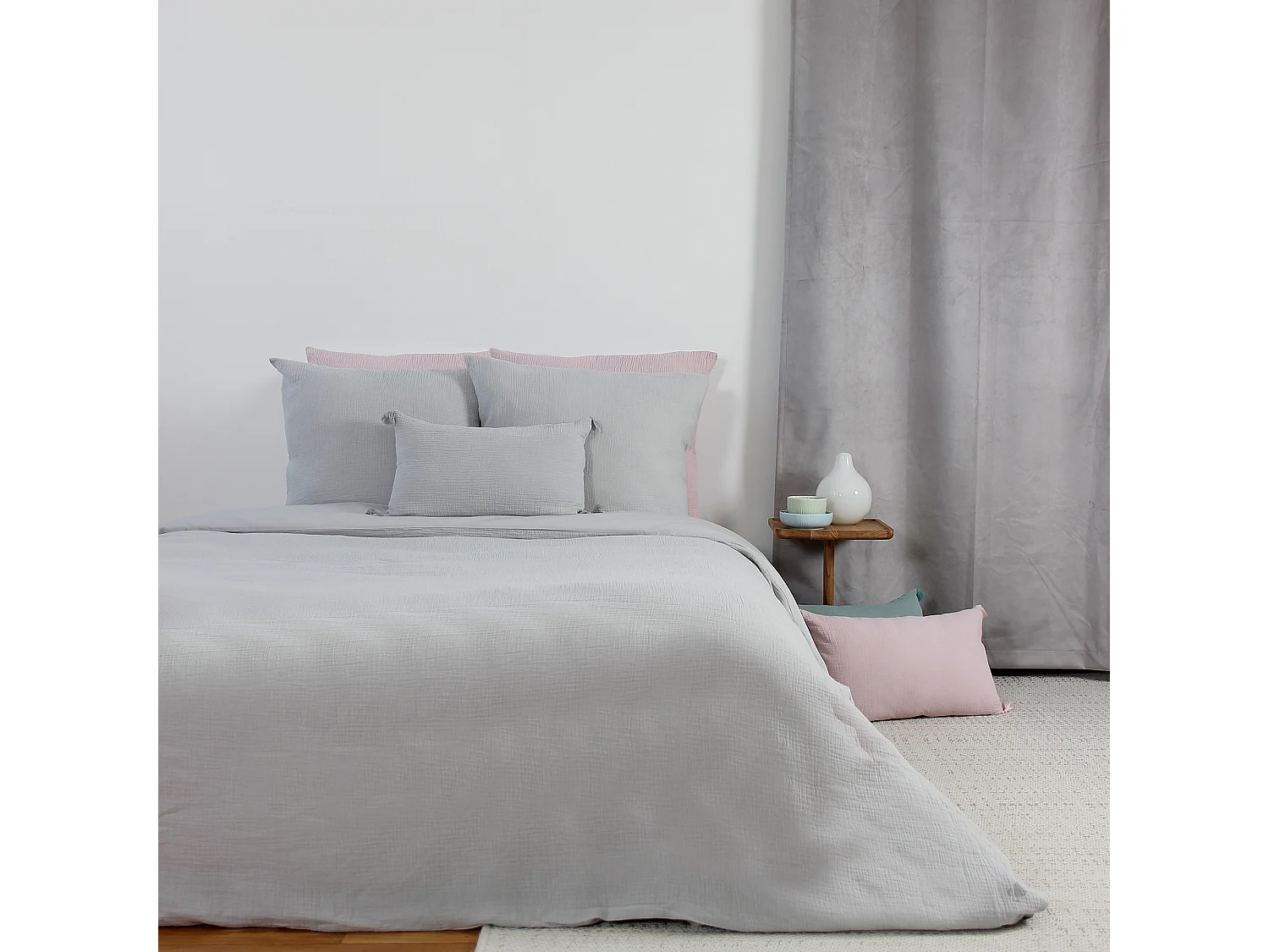 Parure de lit 140x200 cm double gaze de coton GAZGAZ gris 2 pièces