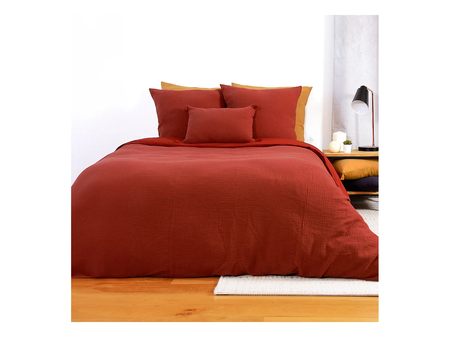 Parure de lit 260x240 cm double gaze de coton GAZGAZ rouge ocre 3 pièces