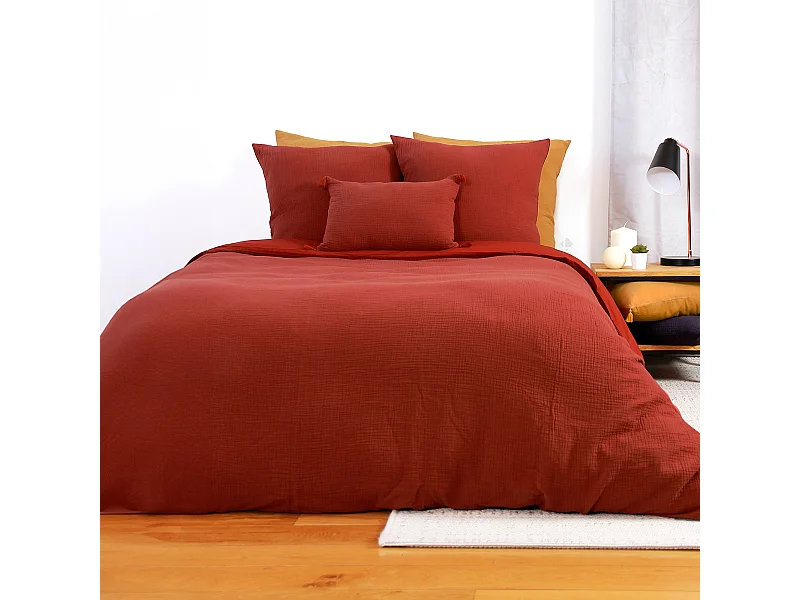 Parure de lit 260x240 cm double gaze de coton GAZGAZ rouge ocre 3 pièces