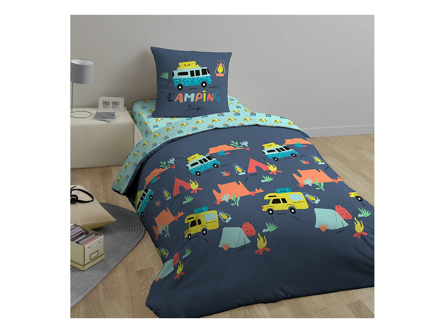 Parure de lit 140x200 cm coton biologique BIVOUAK bleu Jean