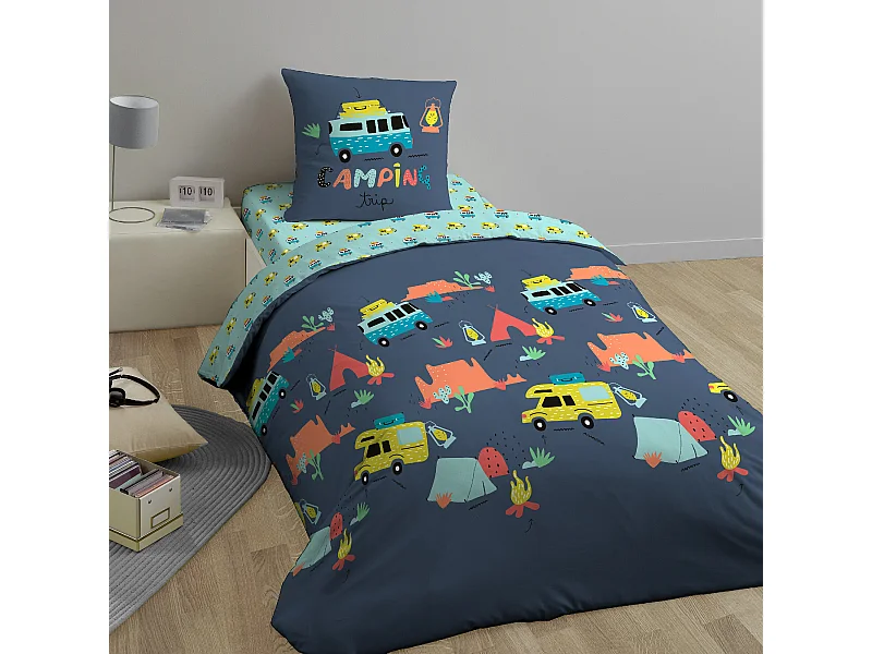 Parure de lit 140x200 cm coton biologique BIVOUAK bleu Jean