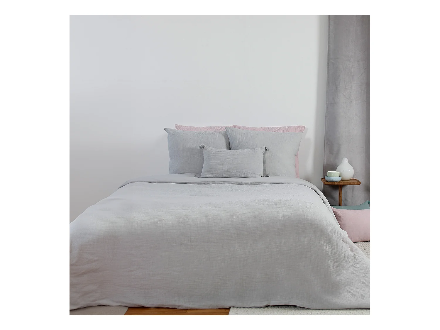 Parure de lit 240x220 cm double gaze de coton GAZGAZ gris 3 pièces