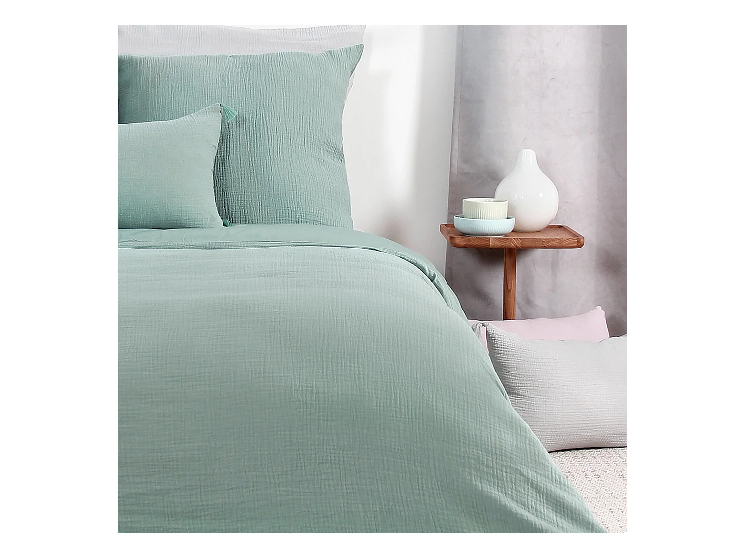 Parure de lit 140x200 cm double gaze de coton GAZGAZ vert amande 2 pièces