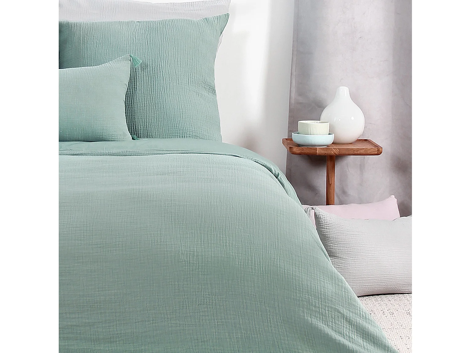 Parure de lit 140x200 cm double gaze de coton GAZGAZ vert amande 2 pièces