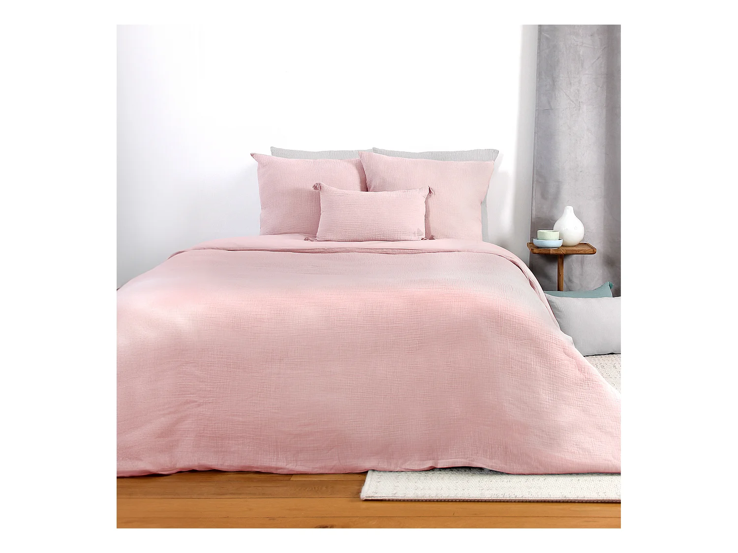 Parure de lit 260x240 cm double gaze de coton GAZGAZ rose 3 pièces