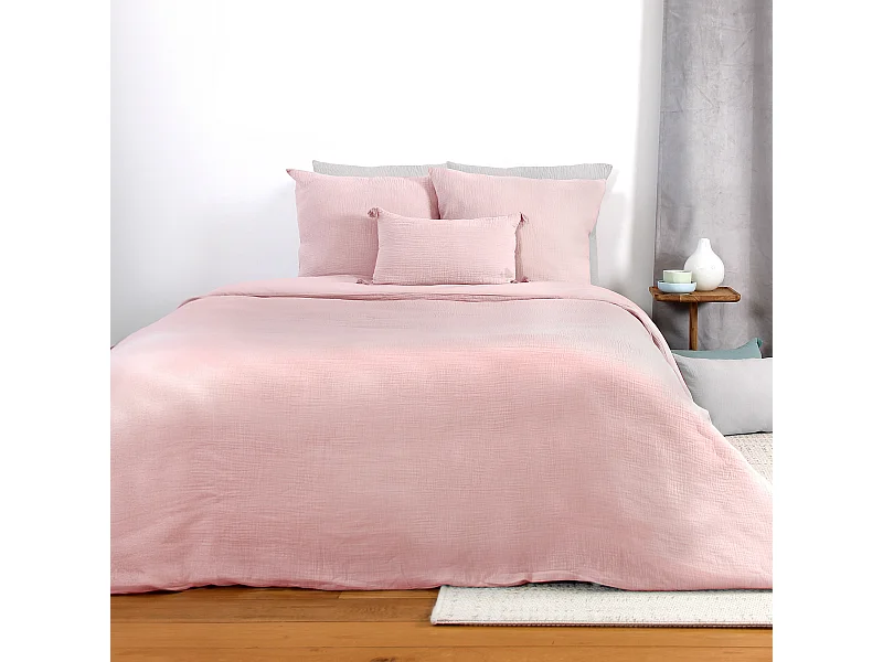 Parure de lit 260x240 cm double gaze de coton GAZGAZ rose 3 pièces