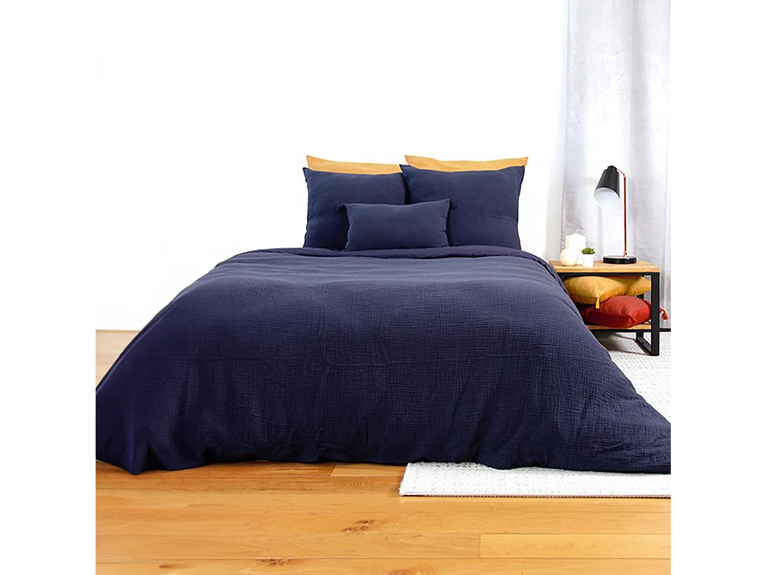 Parure de lit 240x220 cm double gaze de coton GAZGAZ bleu marine 3 pièces