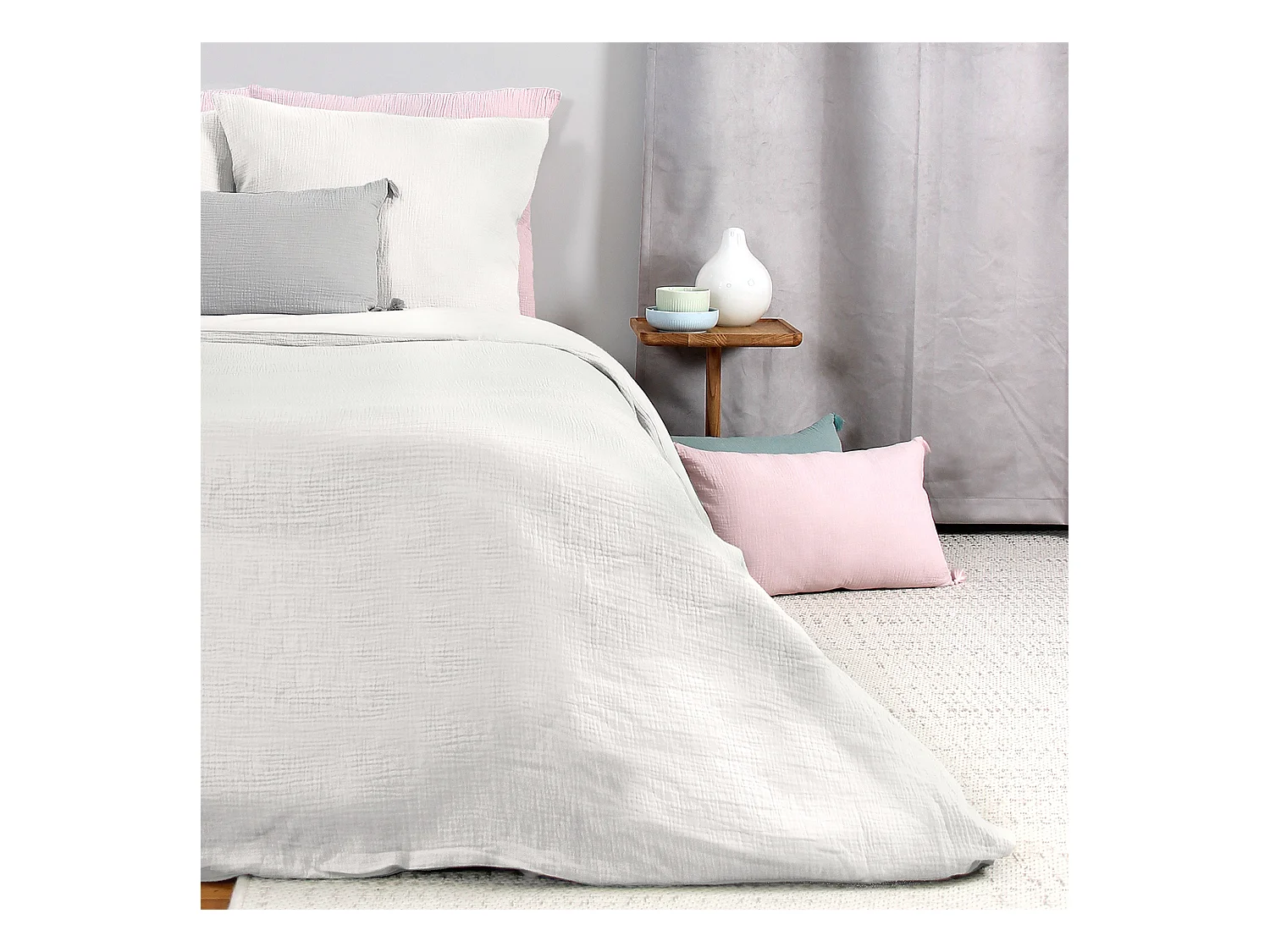 Parure de lit 140x200 cm double gaze de coton GAZGAZ blanc 2 pièces