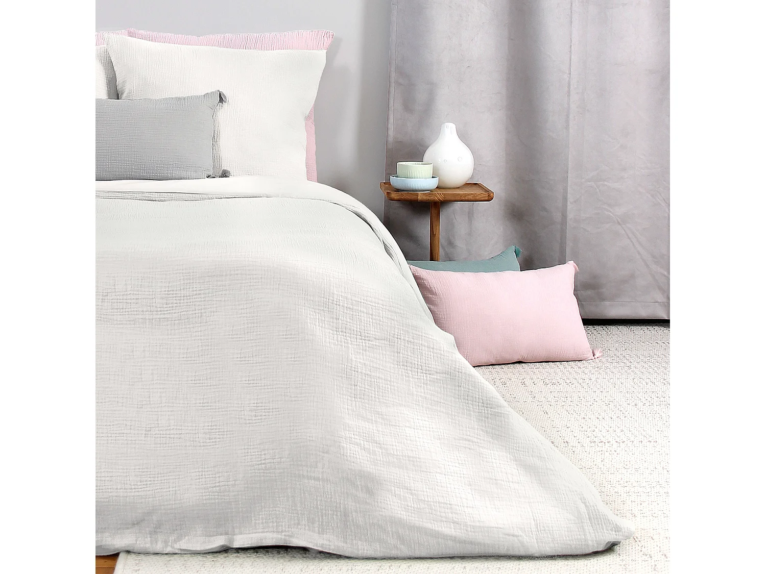 Parure de lit 140x200 cm double gaze de coton GAZGAZ blanc 2 pièces