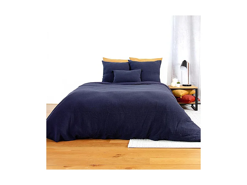 Parure de lit 260x240 cm double gaze de coton GAZGAZ bleu marine 3 pièces
