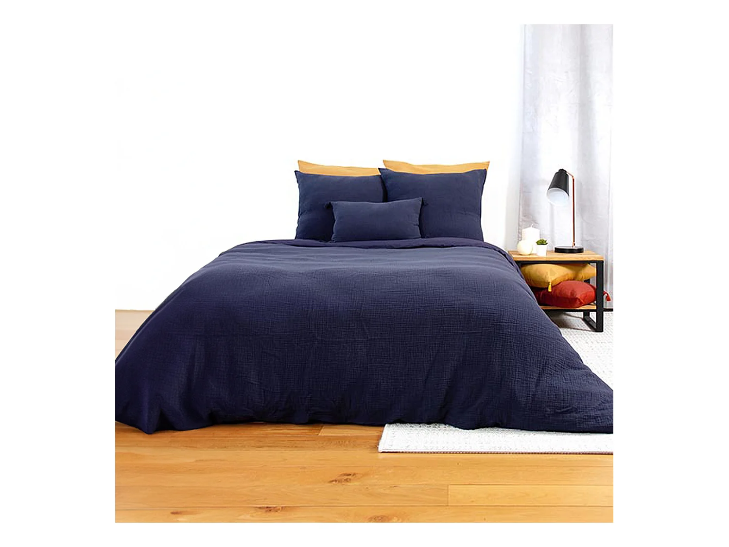 Parure de lit 260x240 cm double gaze de coton GAZGAZ bleu marine 3 pièces