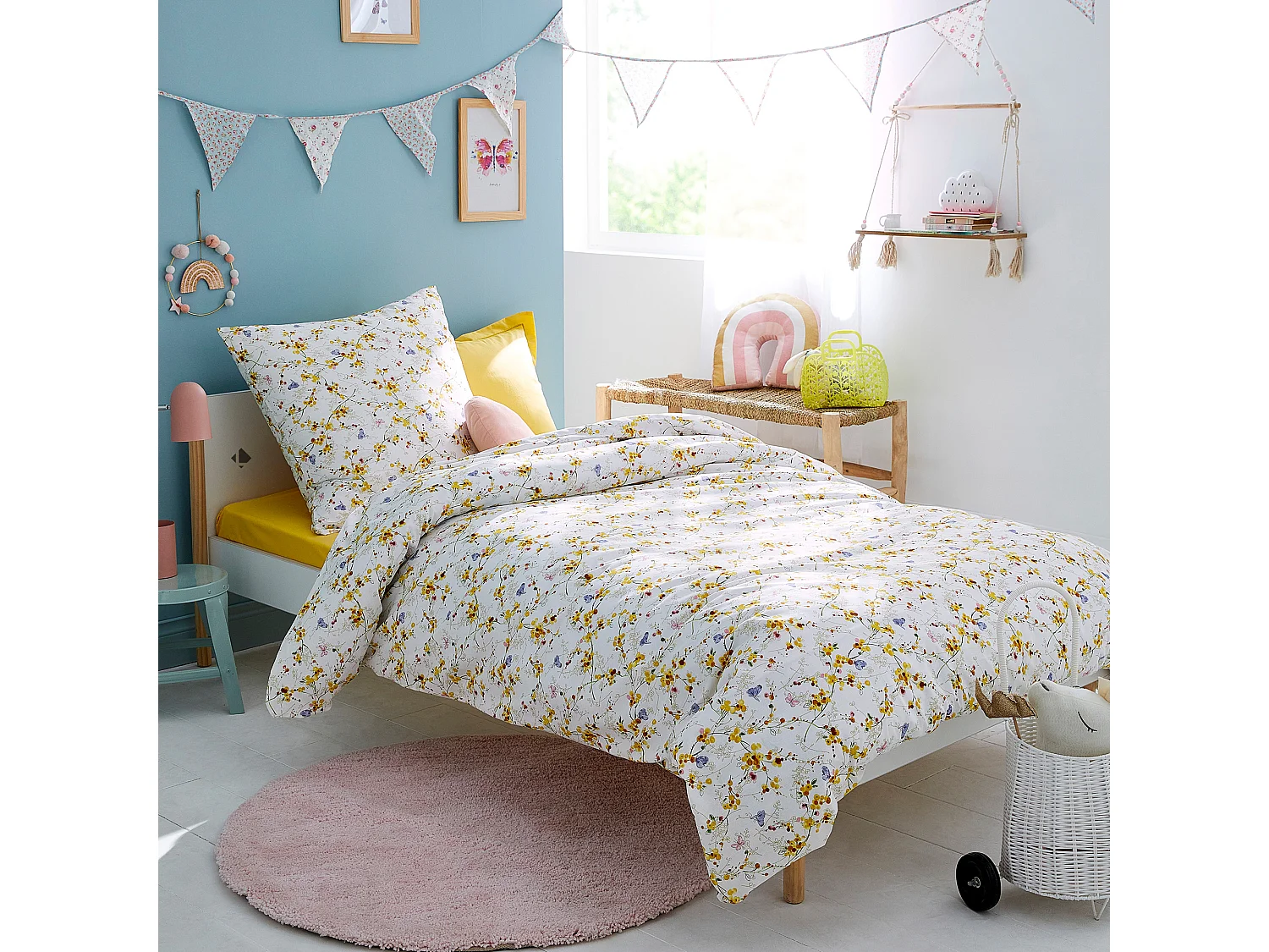 Housse de couette 200x200 cm coton PAPILLONS jaune Moutarde